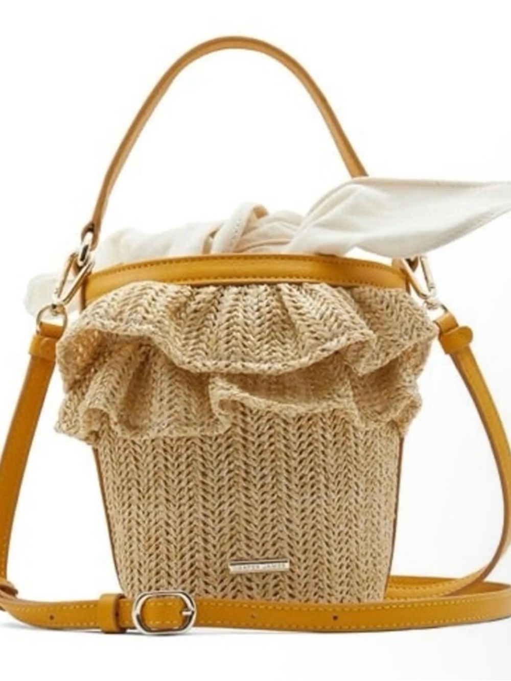 Draper James Beatrice Raffia Ruffle Bucket Bag, Natural with Yellow Trim